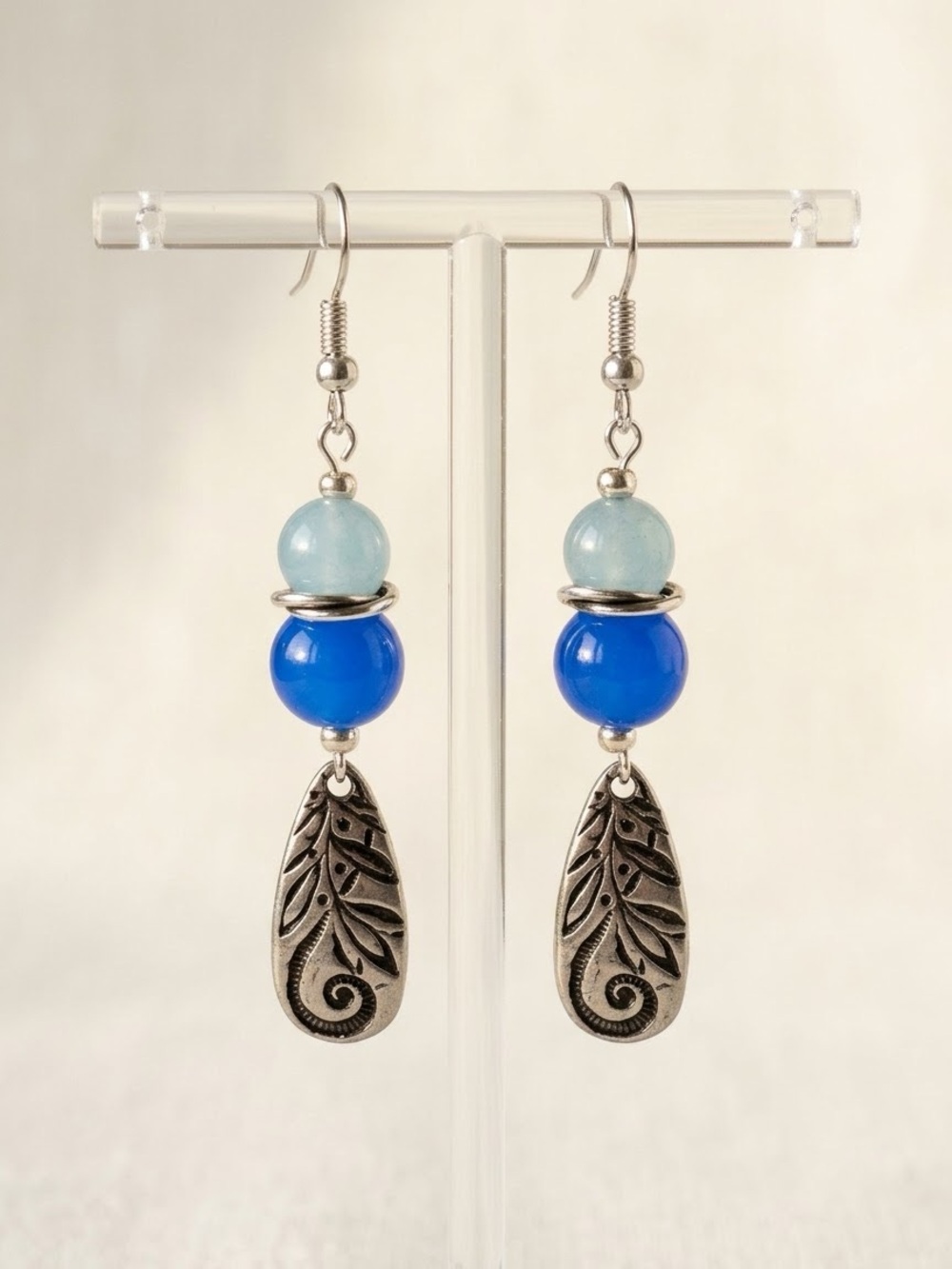 Hand Crafted Earrings Glass Beads & Silver Plated Floral Charms Dangle 2.5”